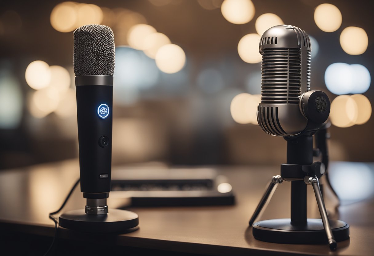 A dynamic microphone and a condenser microphone side by side on a table, with sound waves emanating from each to illustrate their differences