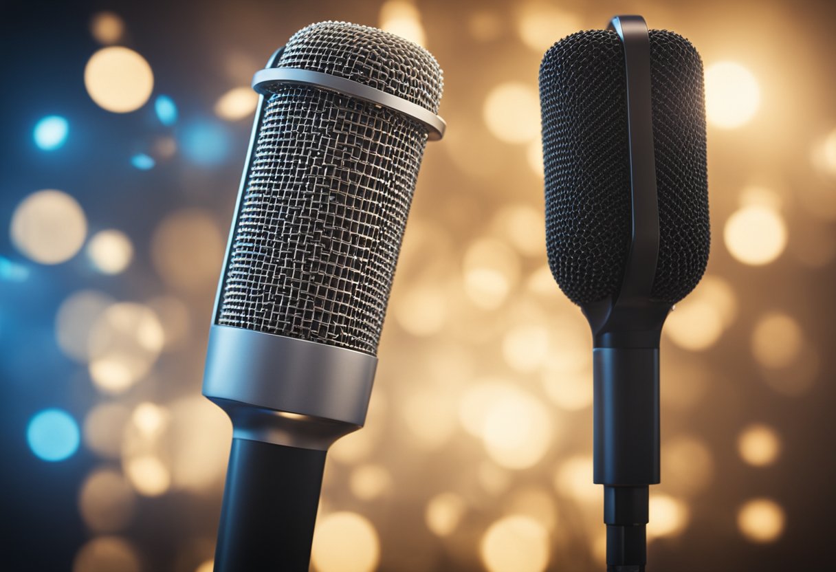 A dynamic microphone and a condenser microphone side by side, with sound waves emanating from each to illustrate their different functionalities
