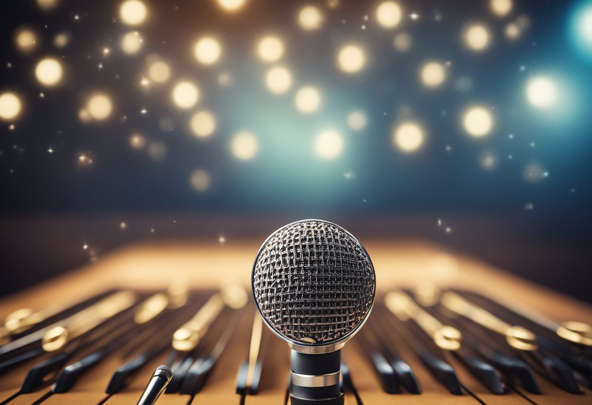 A dynamic microphone and a condenser microphone side by side on a table, with sound waves and musical notes floating in the air around them