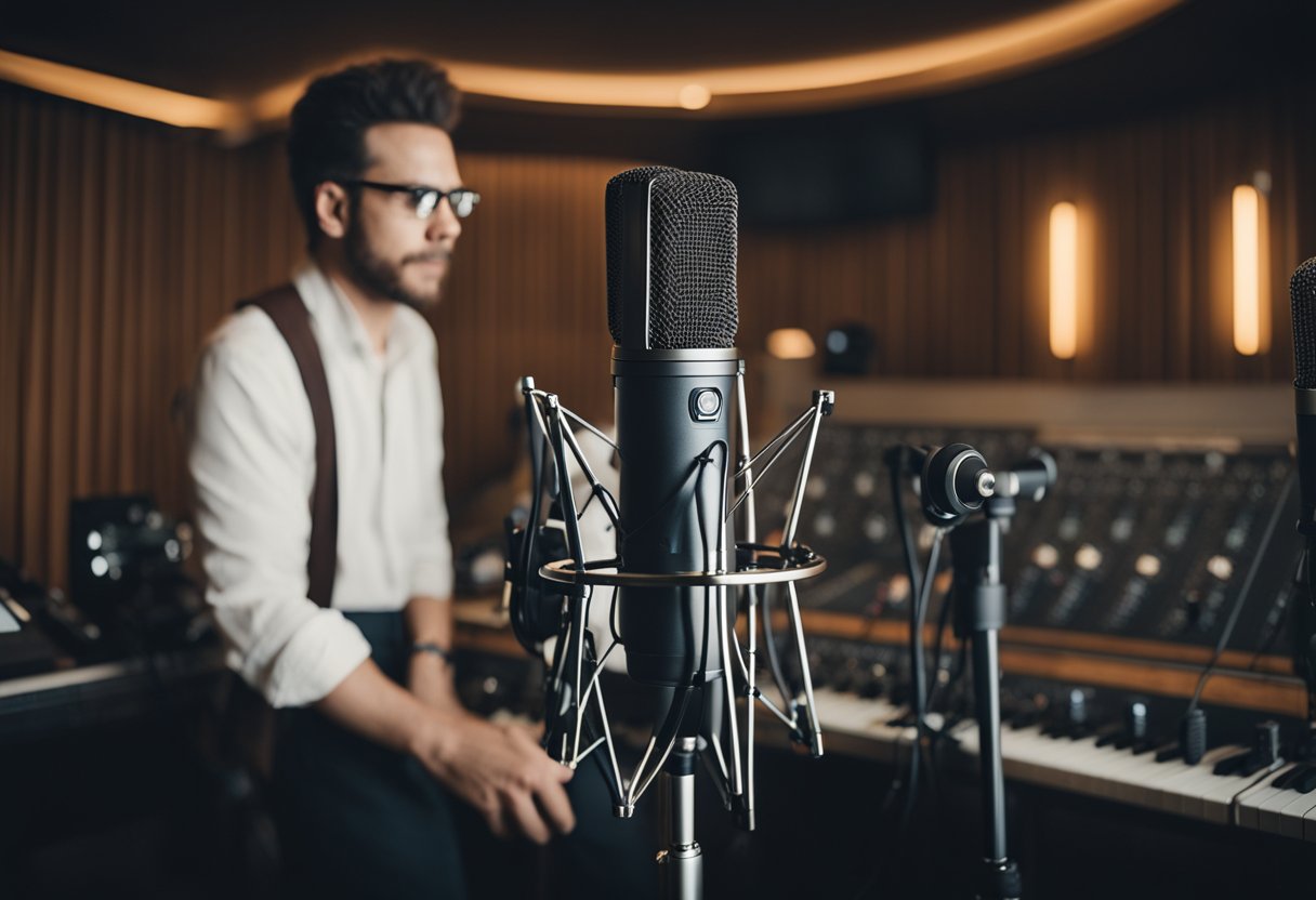 A musician comparing dynamic and condenser microphones in a recording studio setup