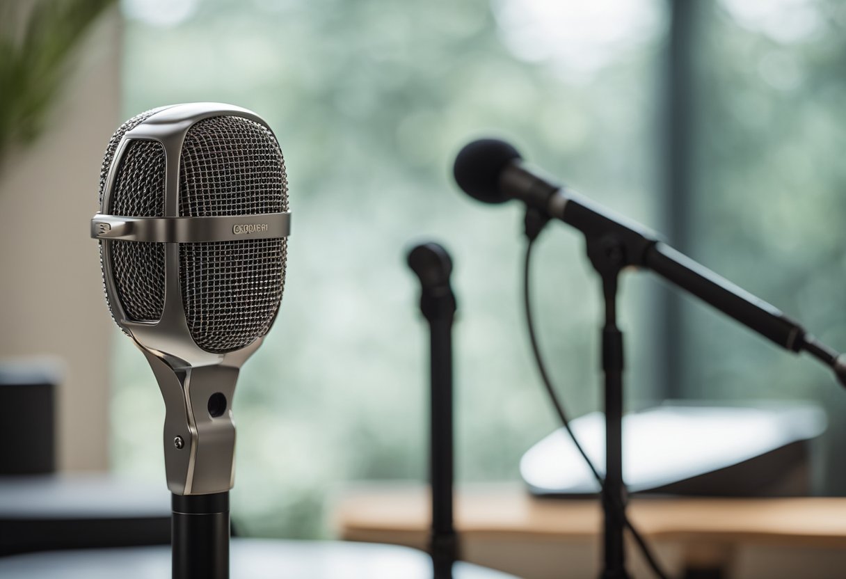 A dynamic and condenser microphone stand side by side, each with a distinct shape and design. The dynamic microphone appears rugged and sturdy, while the condenser microphone looks sleek and delicate